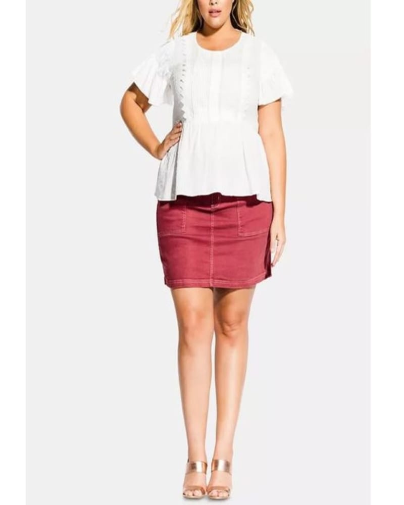 Front of a model wearing a size 14 City Chic Women's Plus Summer Delight Puff Sleeve Peplum Blouse White Size 14 in White by City Chic. | dia_product_style_image_id:311419